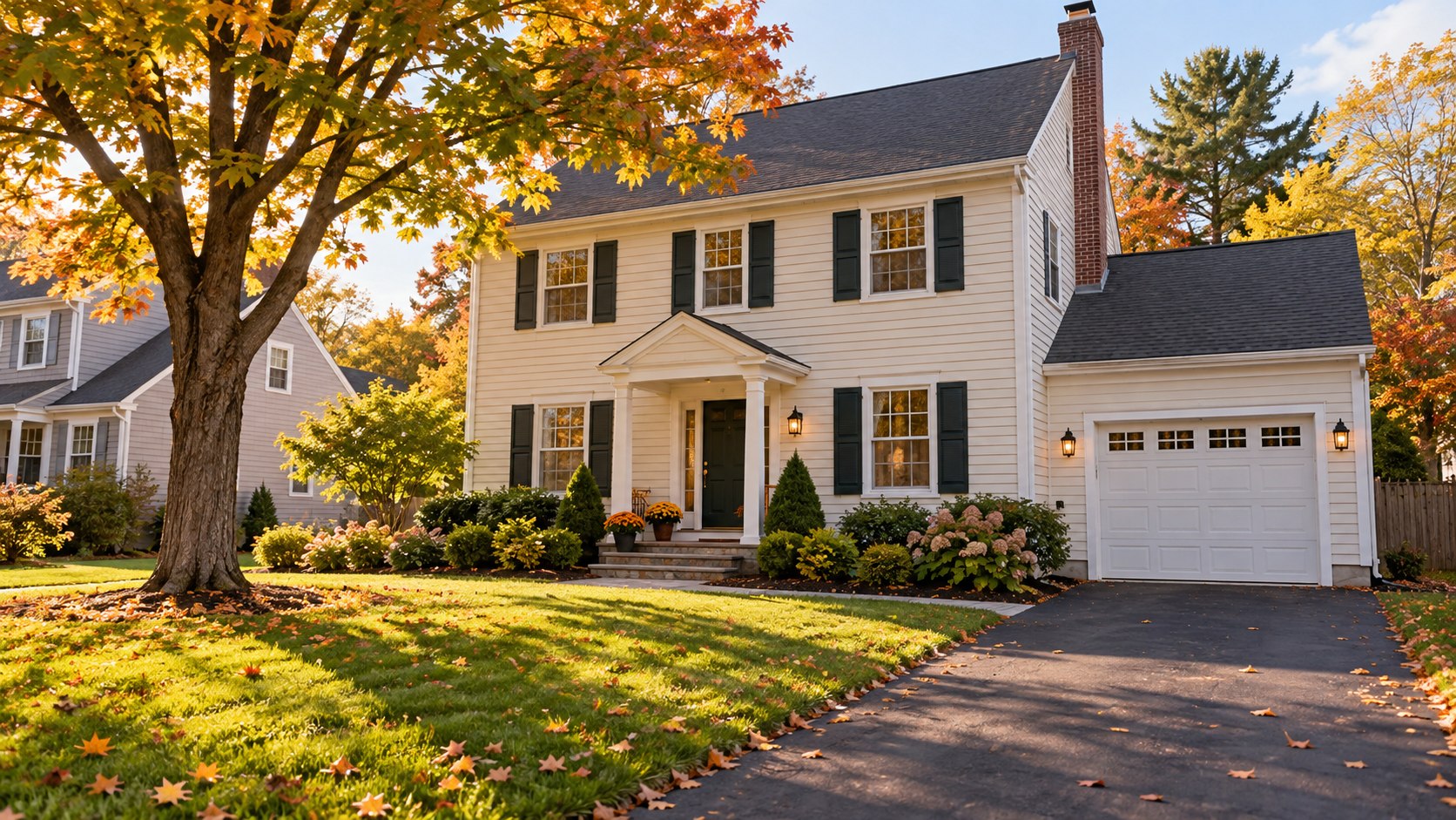 AI-generated illustration of a modest suburban home in autumn